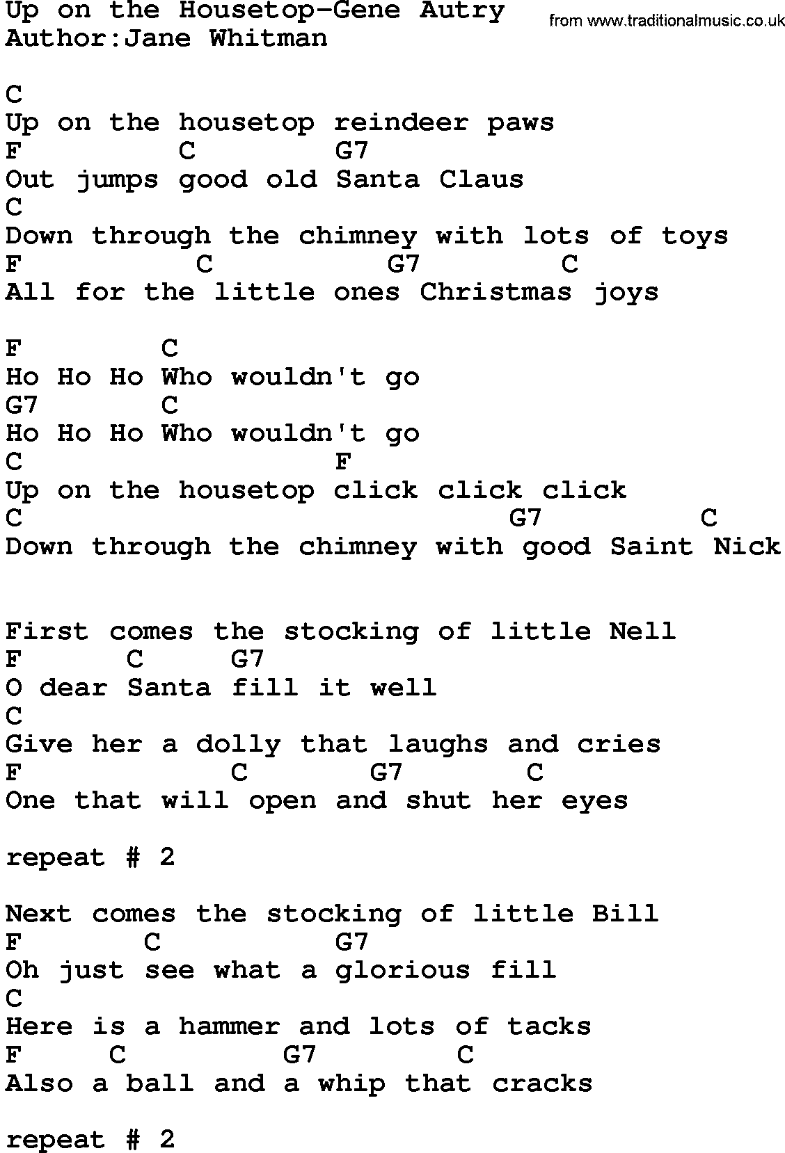Country music song: Up On The Housetop-Gene Autry lyrics and chords