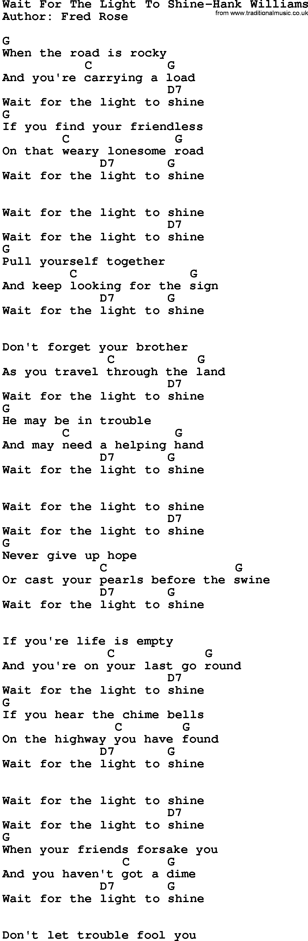 Country music song: Wait For The Light To Shine-Hank Williams lyrics and chords