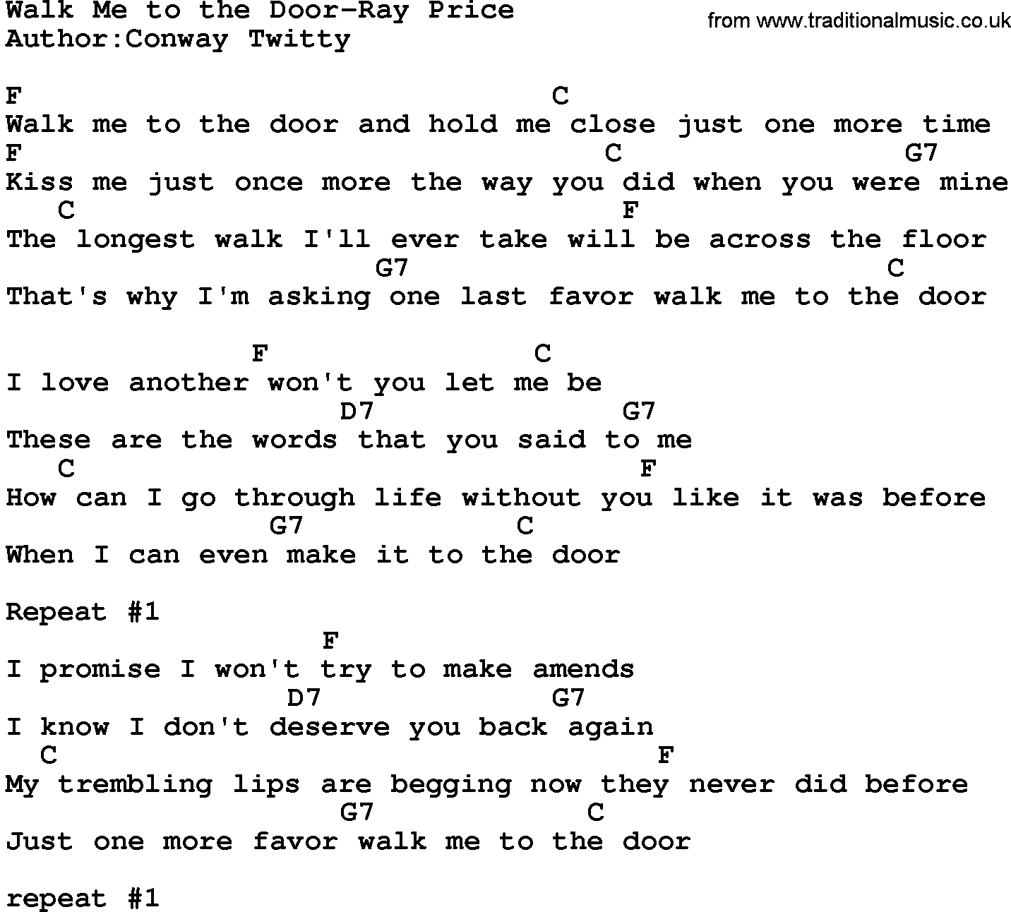 Country music song: Walk Me To The Door-Ray Price lyrics and chords