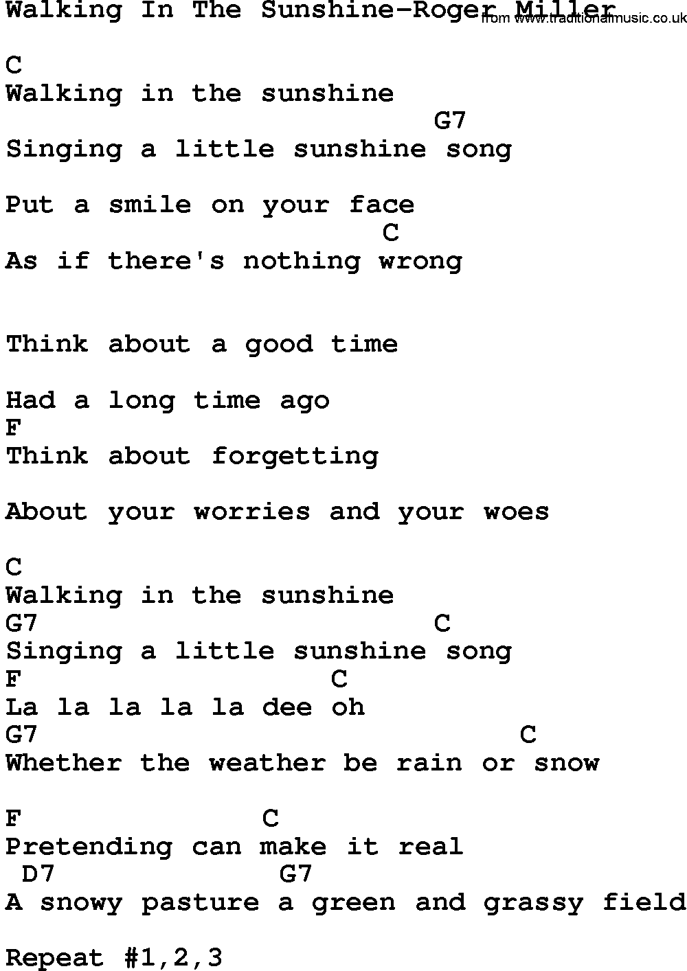 Country music song: Walking In The Sunshine-Roger Miller lyrics and chords