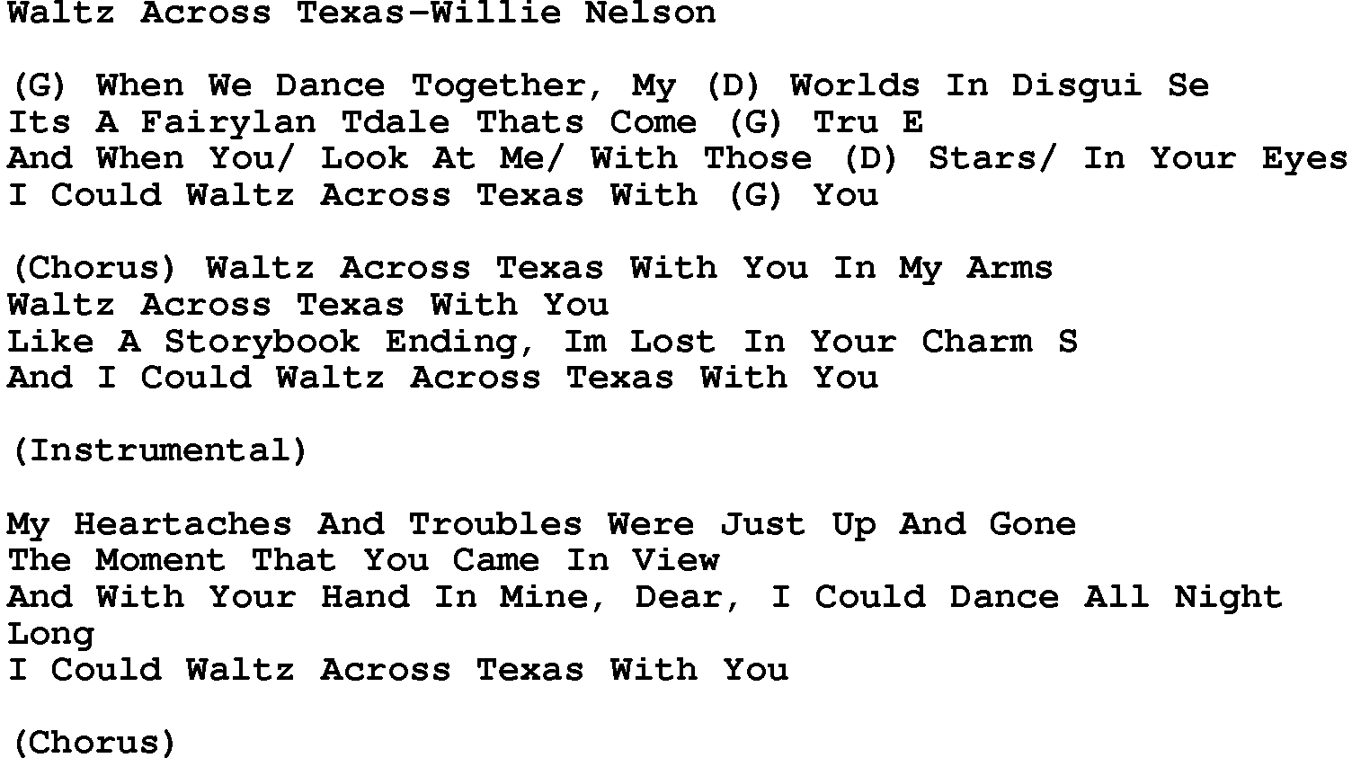 Country music song: Waltz Across Texas-Willie Nelson lyrics and chords