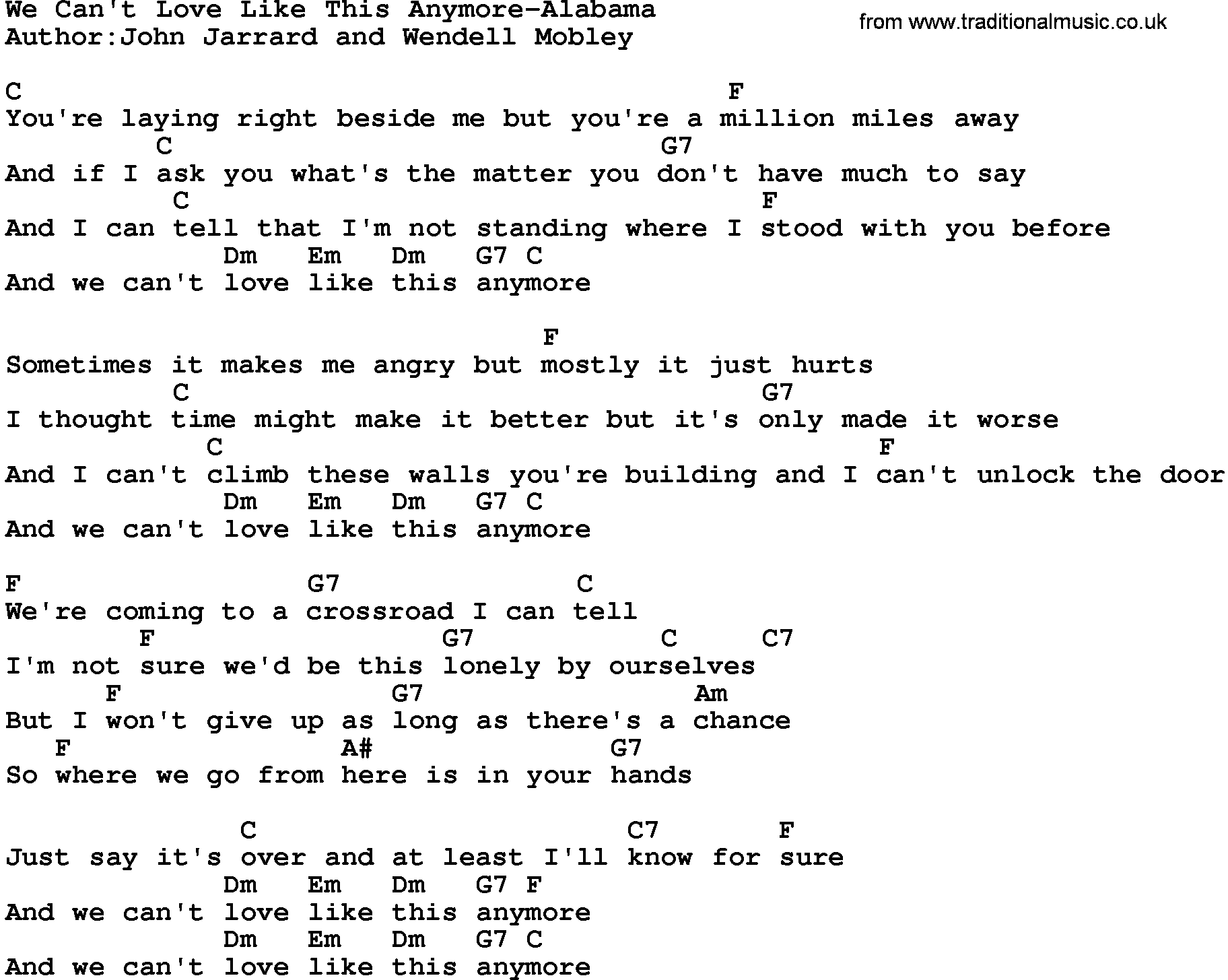 Country music song: We Can't Love Like This Anymore-Alabama lyrics and chords