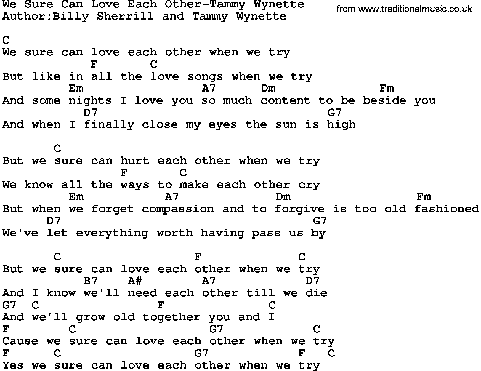 Country music song: We Sure Can Love Each Other-Tammy Wynette lyrics and chords