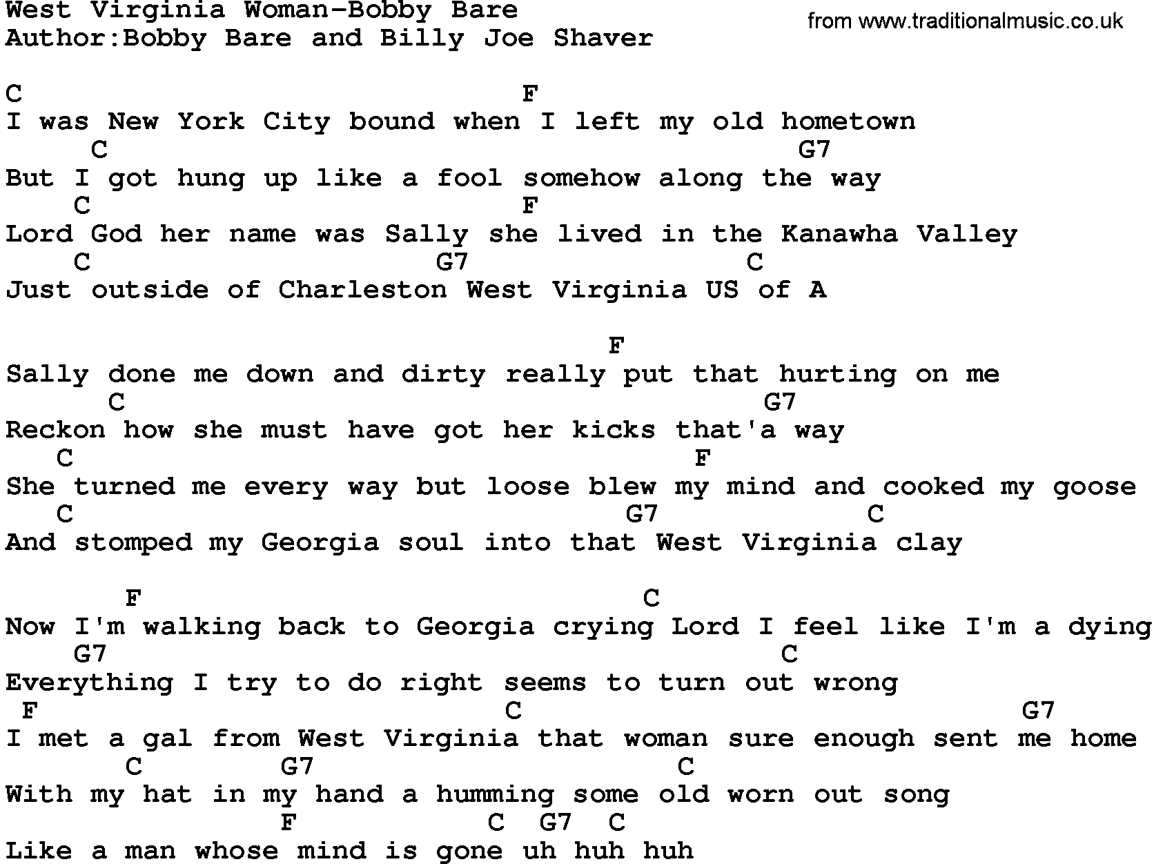 Country music song: West Virginia Woman-Bobby Bare lyrics and chords