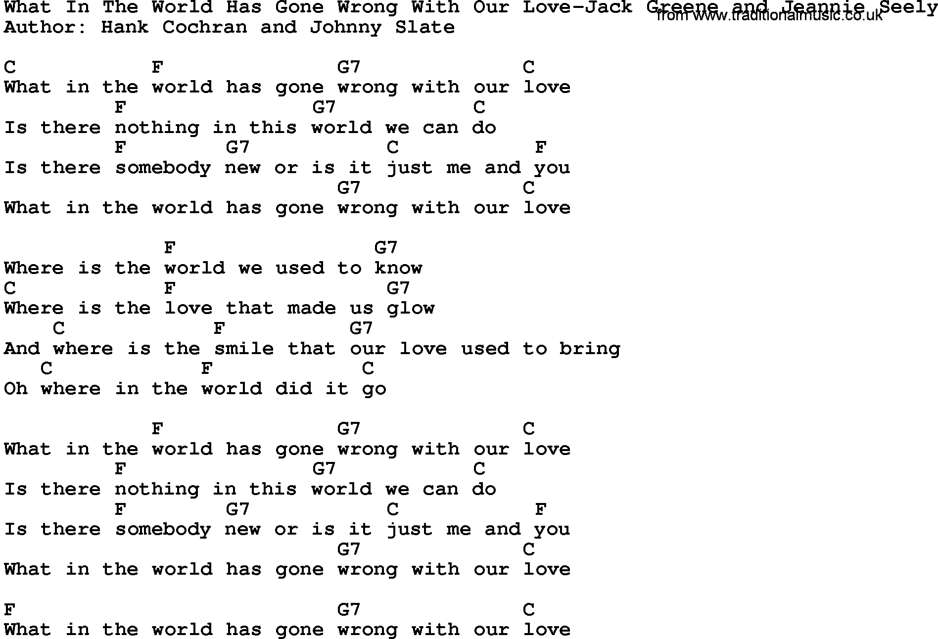 Country music song: What In The World Has Gone Wrong With Our Love-Jack Greene And Jeannie Seely lyrics and chords