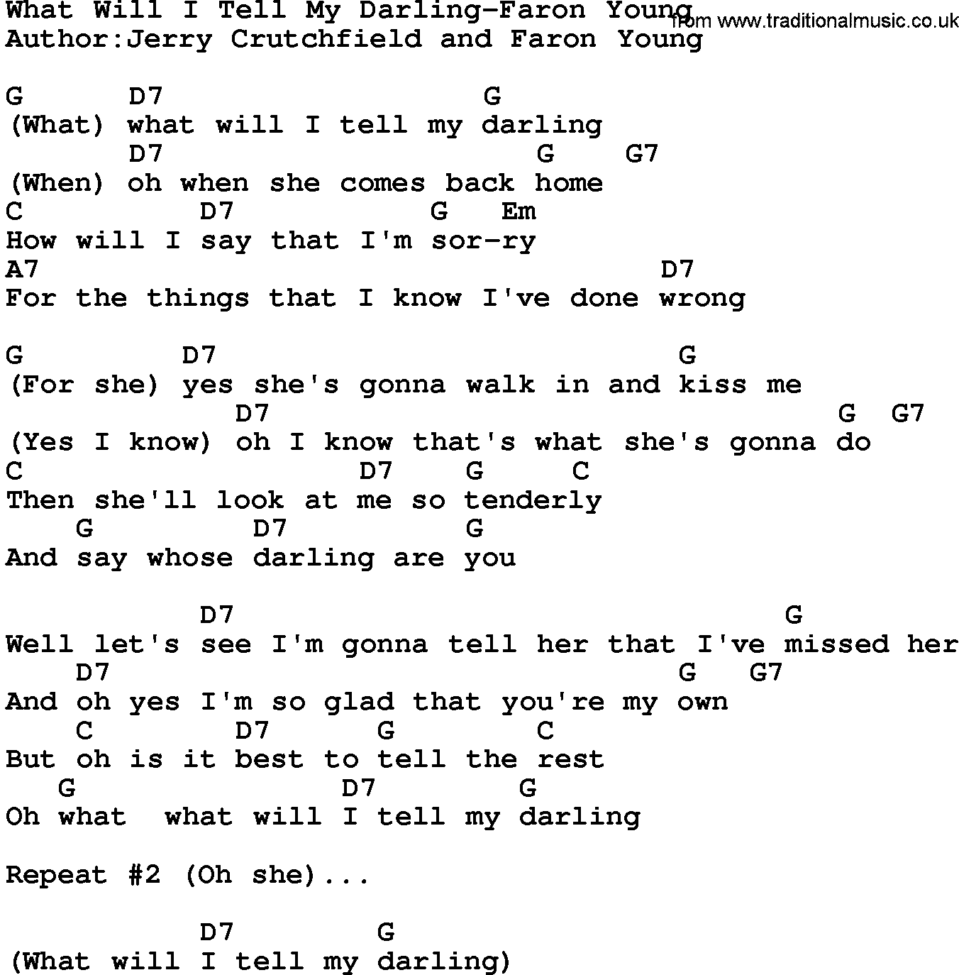 Country music song: What Will I Tell My Darling-Faron Young lyrics and chords