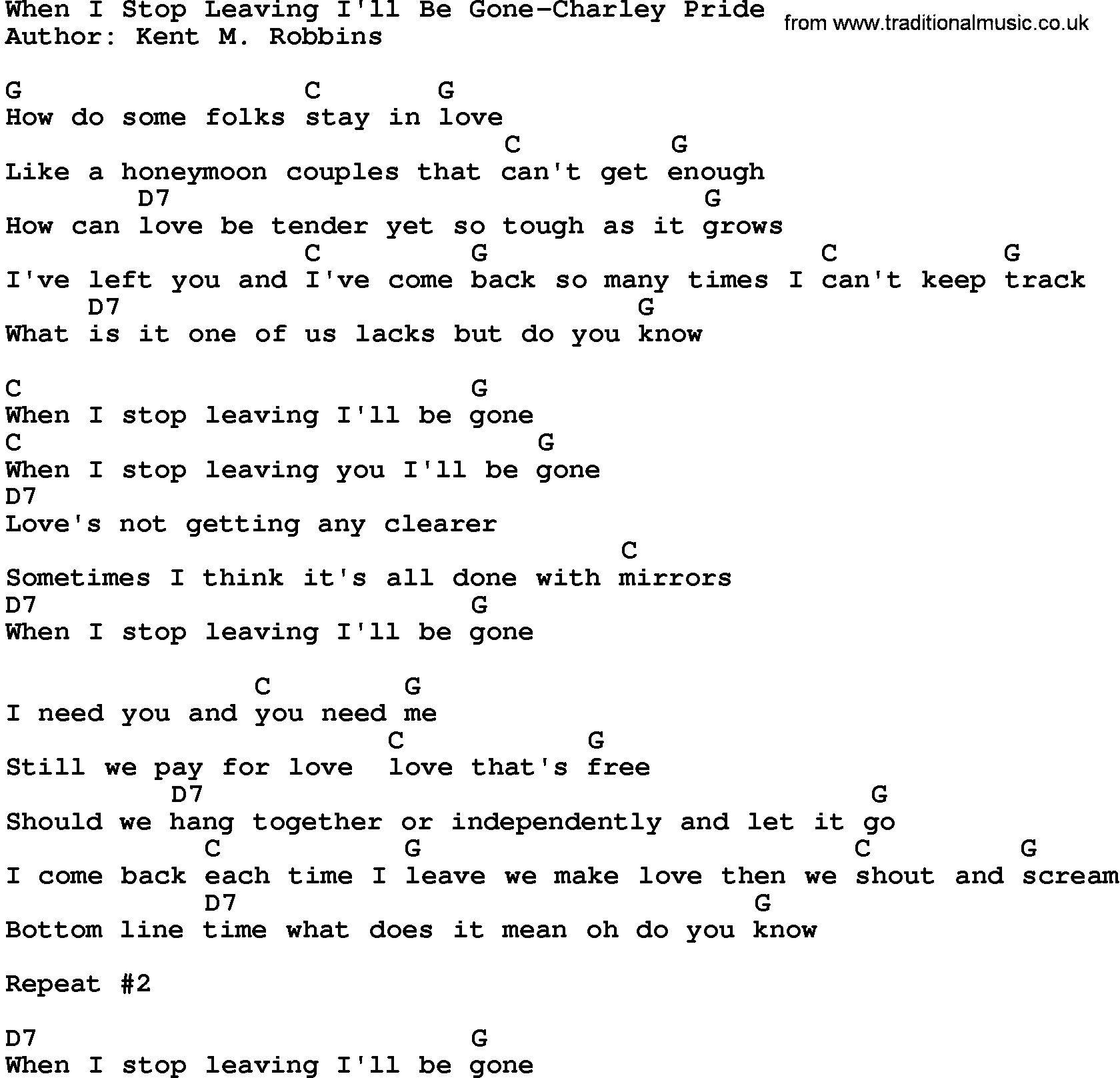 Country music song: When I Stop Leaving I'll Be Gone-Charley Pride lyrics and chords