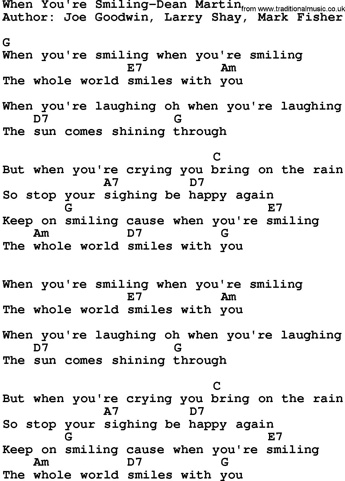Country music song: When You're Smiling-Dean Martin lyrics and chords