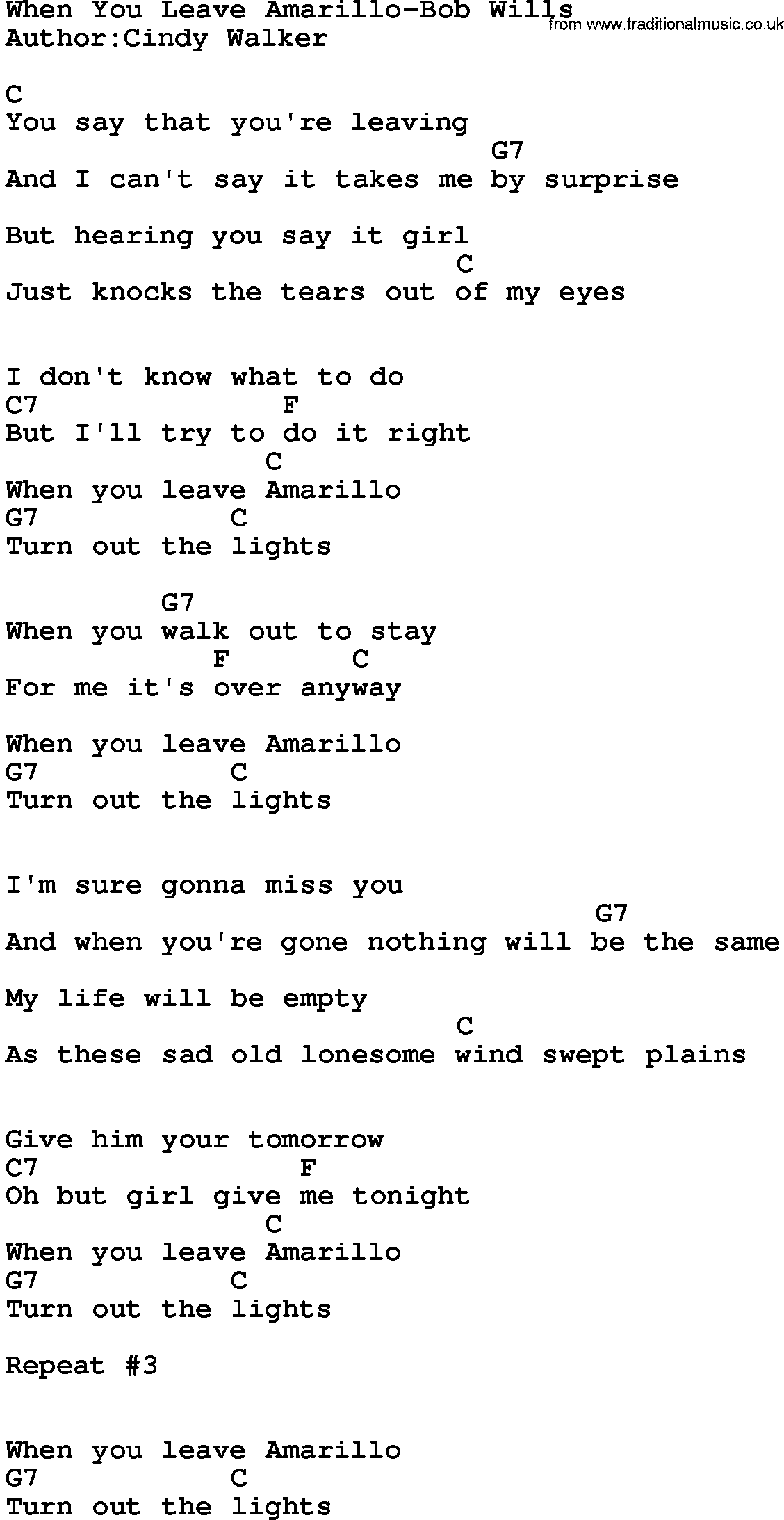 Country music song: When You Leave Amarillo-Bob Wills lyrics and chords