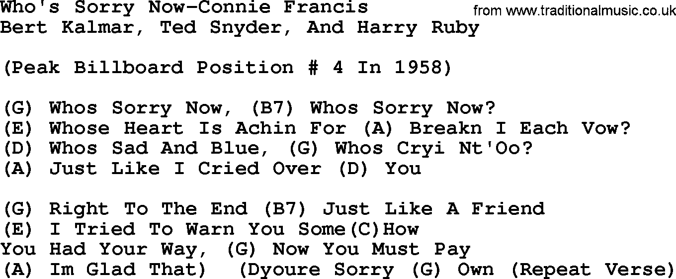 Country music song: Who's Sorry Now-Connie Francis lyrics and chords