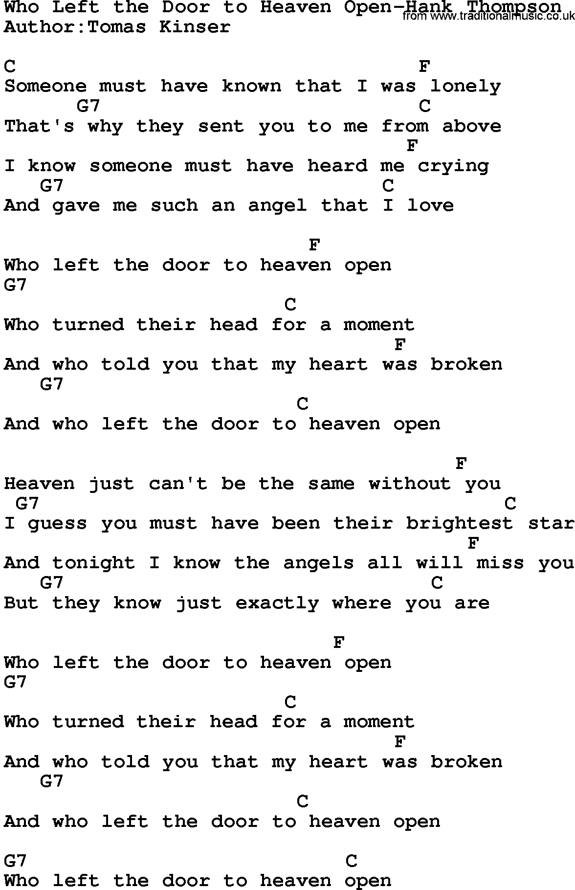 Country music song: Who Left The Door To Heaven Open-Hank Thompson lyrics and chords