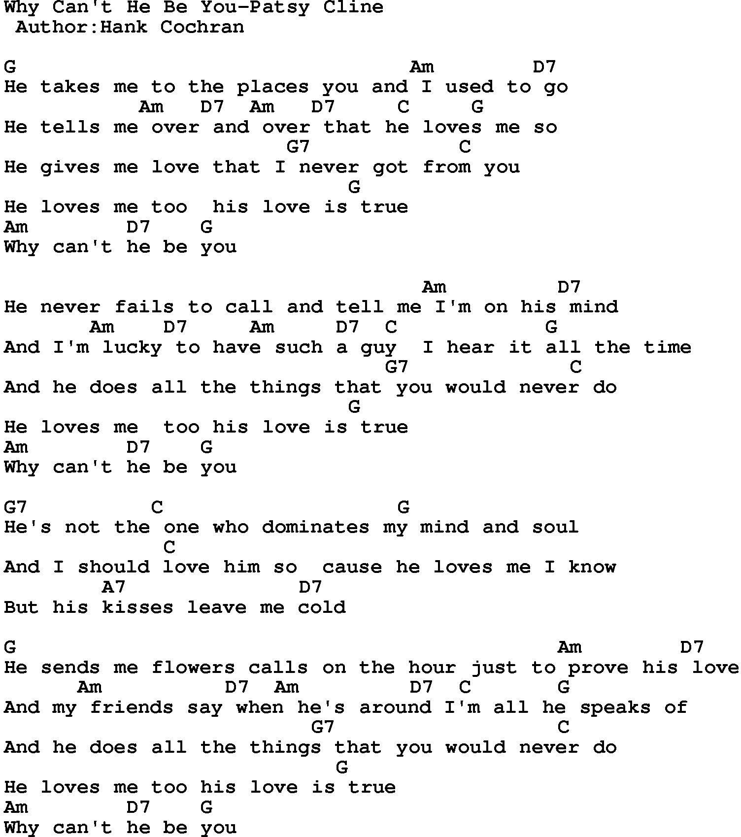 Country music song: Why Can't He Be You-Patsy Cline lyrics and chords