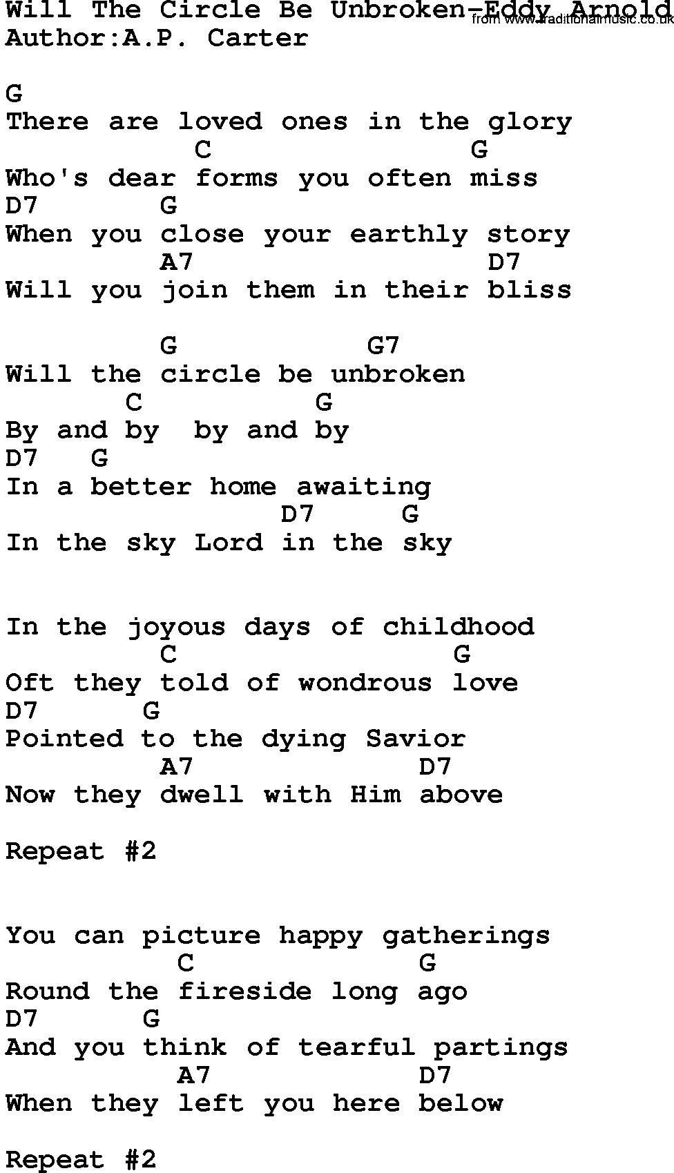 Country music song: Will The Circle Be Unbroken-Eddy Arnold lyrics and chords