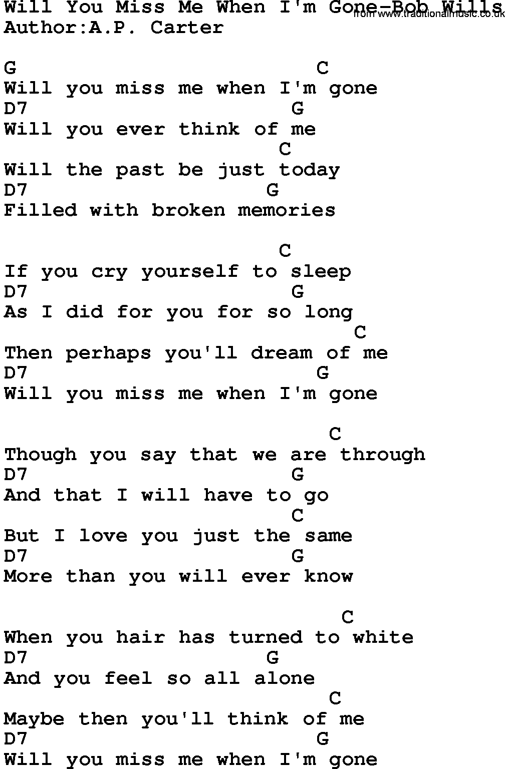 Country music song: Will You Miss Me When I'm Gone-Bob Wills lyrics and chords