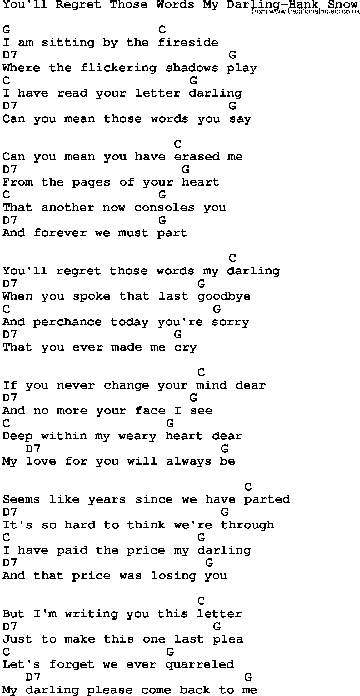 Country music song: You'll Regret Those Words My Darling-Hank Snow lyrics and chords