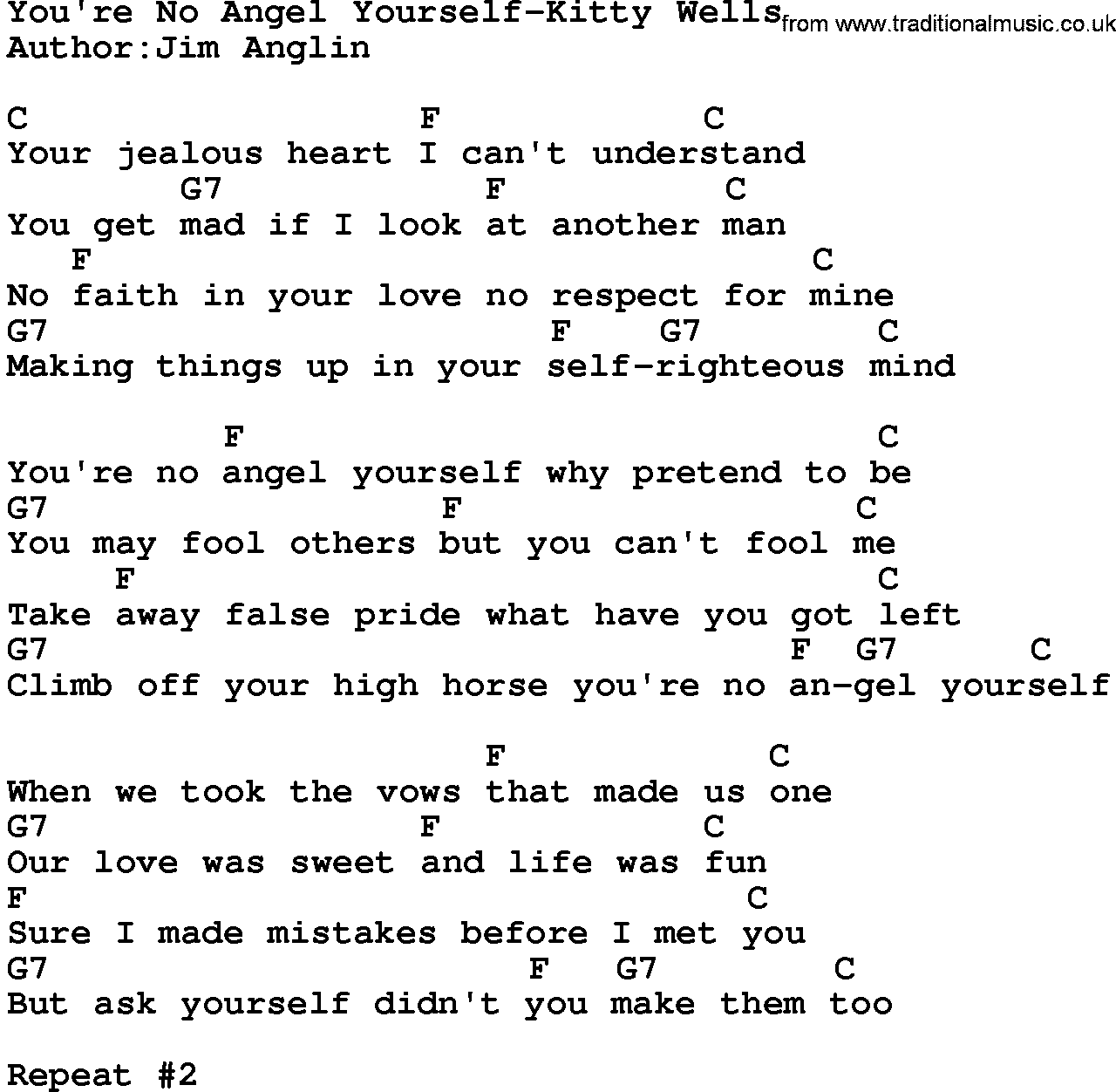 Country music song: You're No Angel Yourself-Kitty Wells lyrics and chords