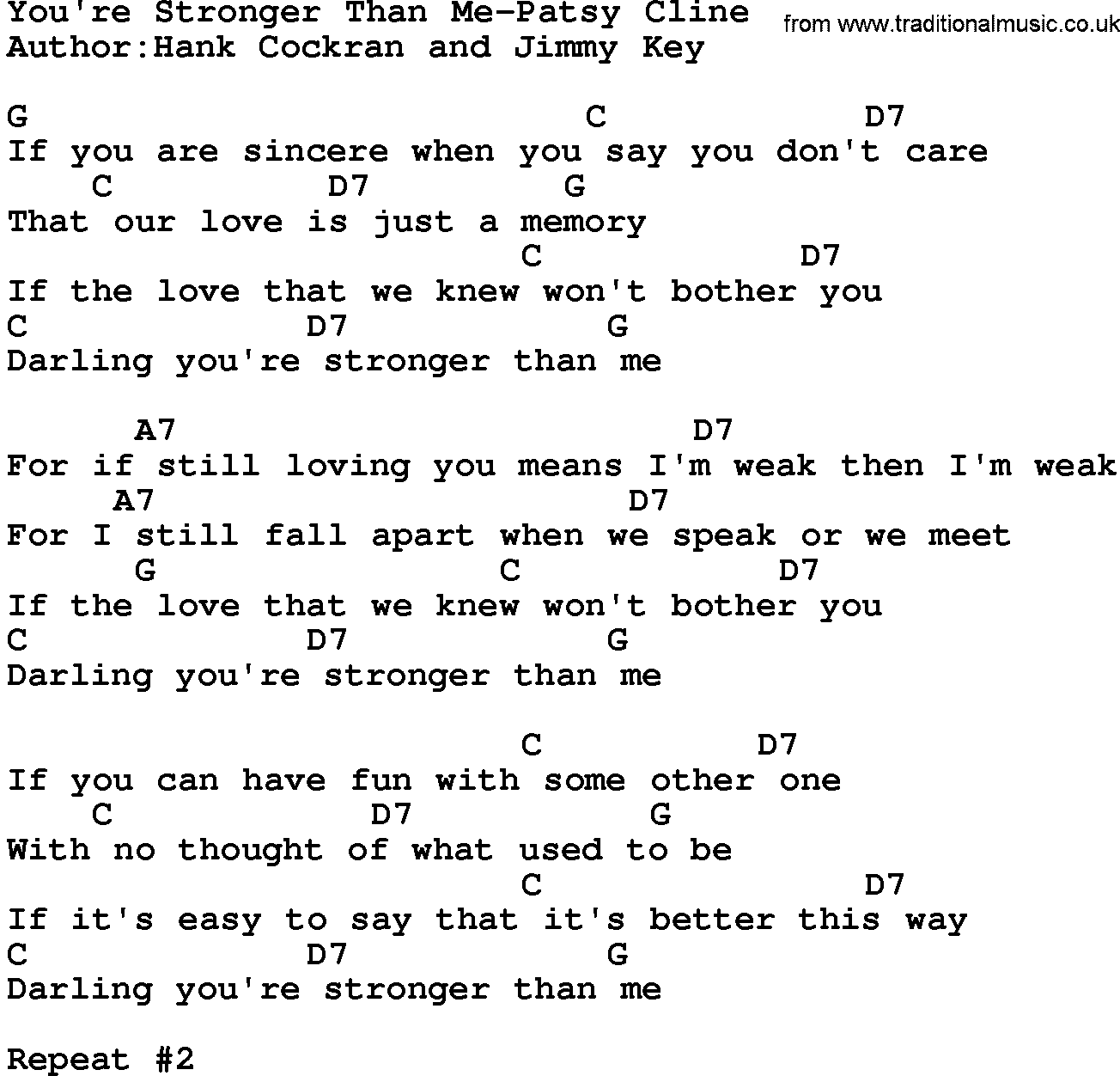 Country music song: You're Stronger Than Me-Patsy Cline lyrics and chords