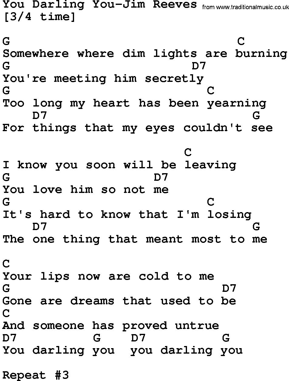 Country music song: You Darling You-Jim Reeves lyrics and chords