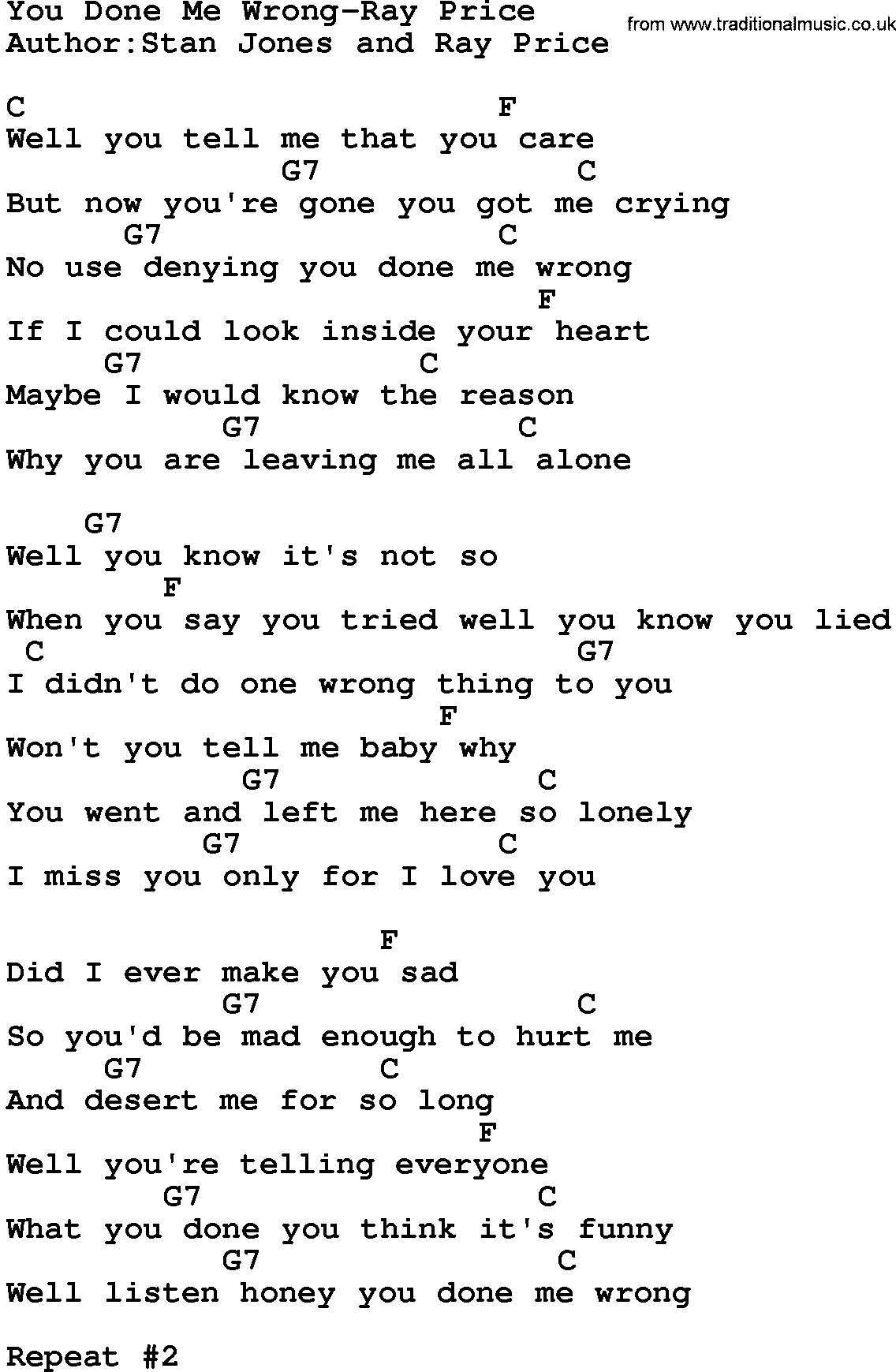 Country music song: You Done Me Wrong-Ray Price  lyrics and chords