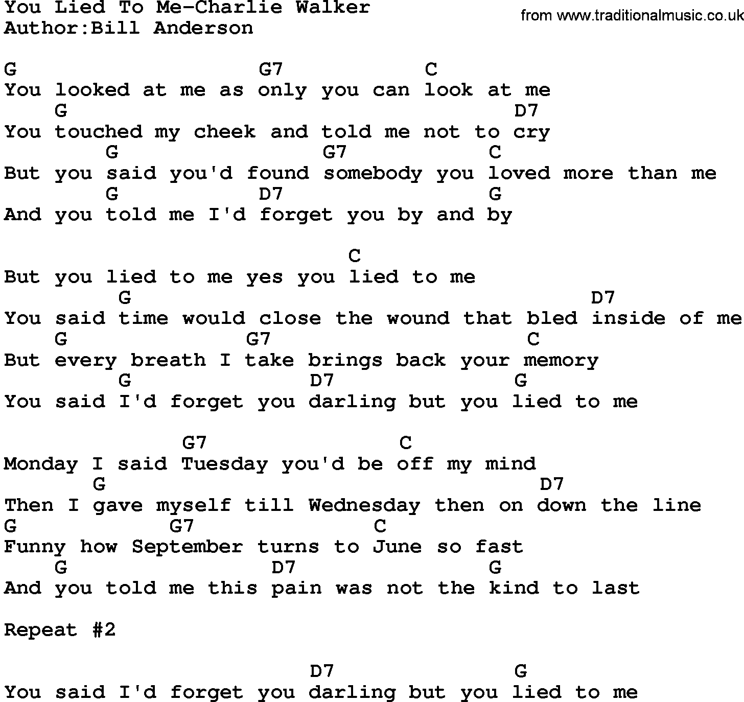 Country music song: You Lied To Me-Charlie Walker lyrics and chords