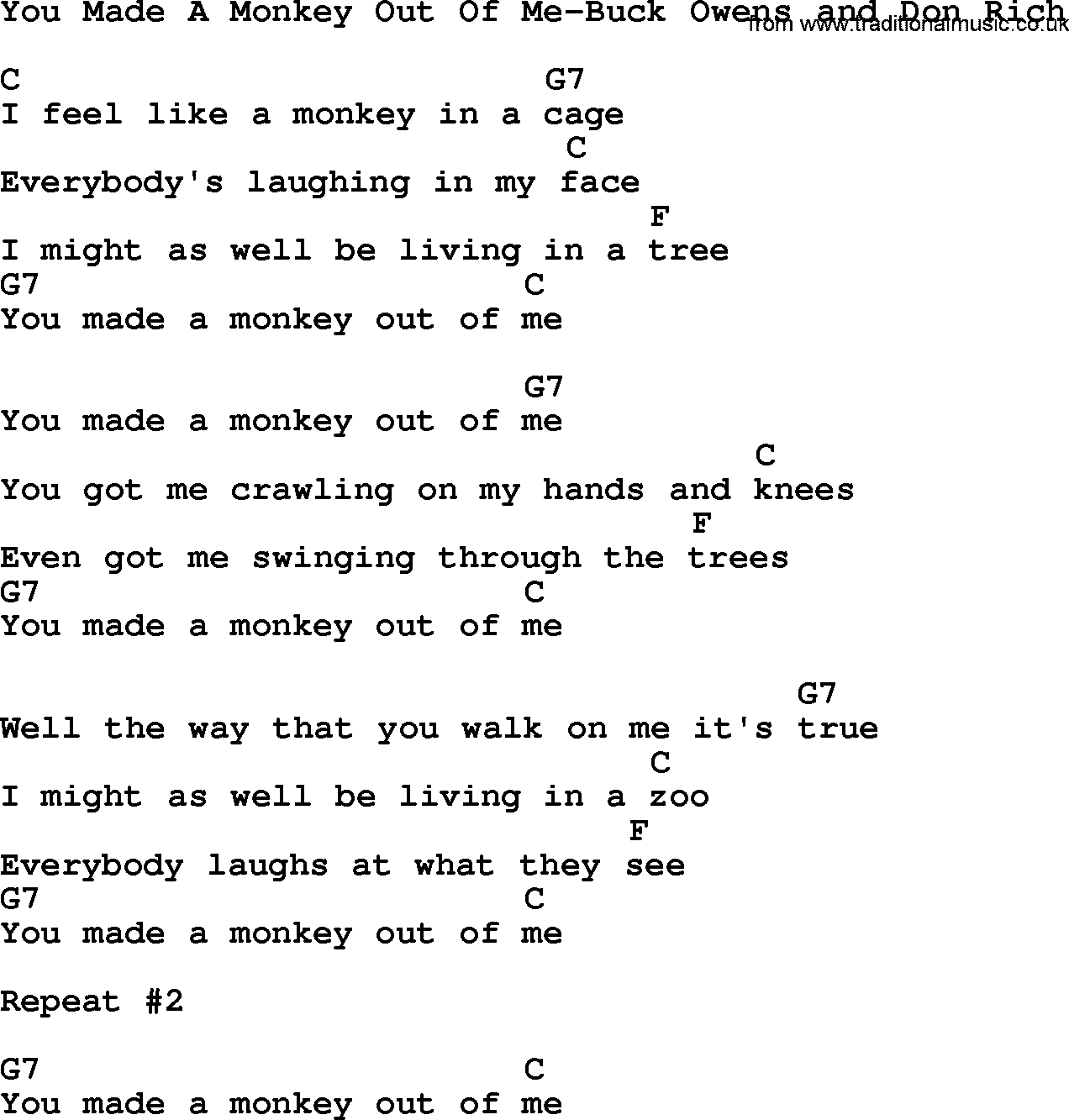 Country music song: You Made A Monkey Out Of Me-Buck Owens And Don Rich lyrics and chords