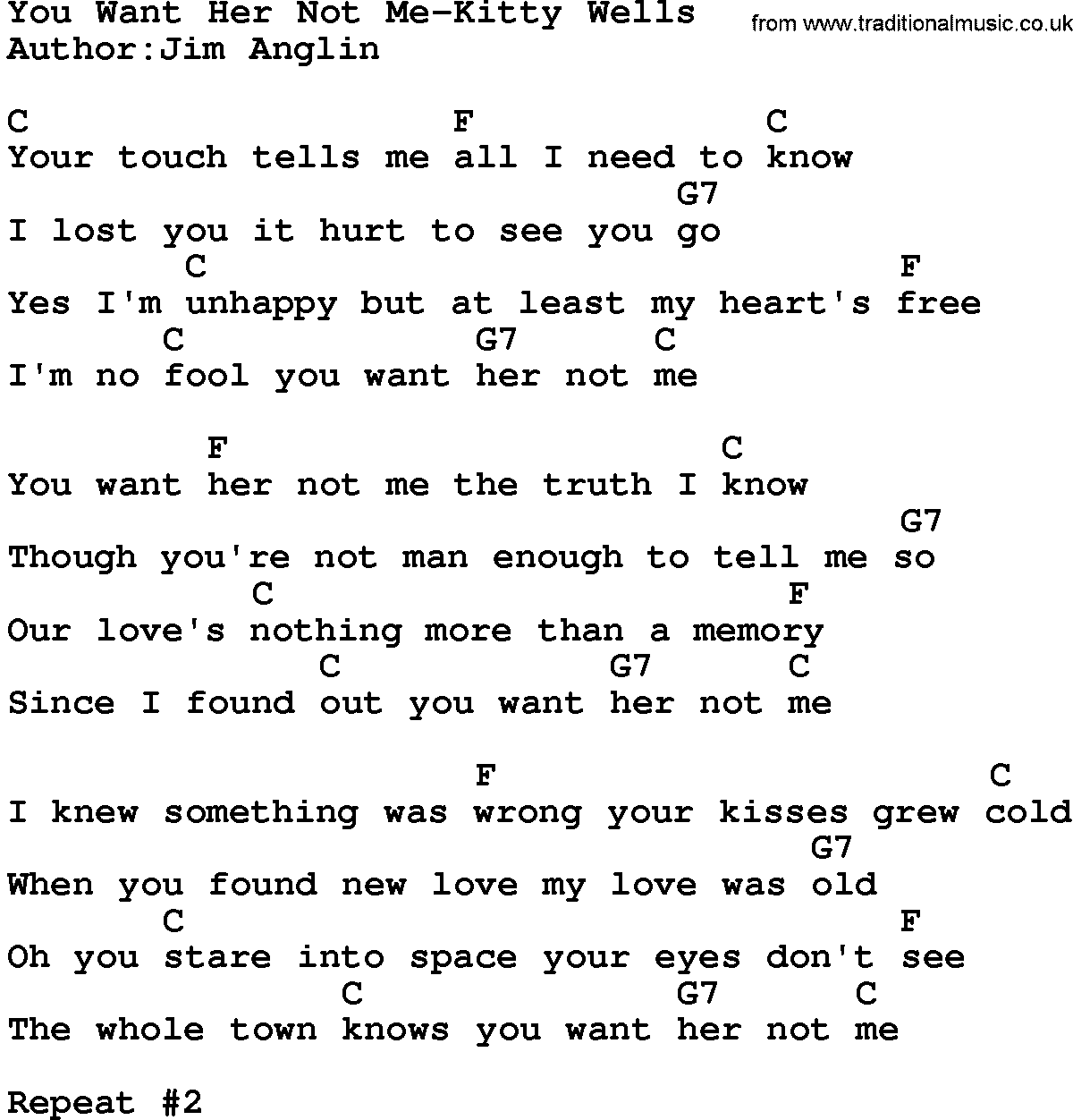 Country music song: You Want Her Not Me-Kitty Wells lyrics and chords