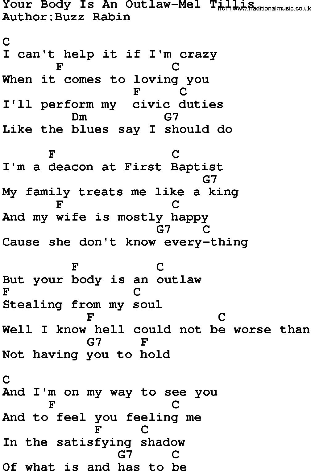 Country music song: Your Body Is An Outlaw-Mel Tillis lyrics and chords