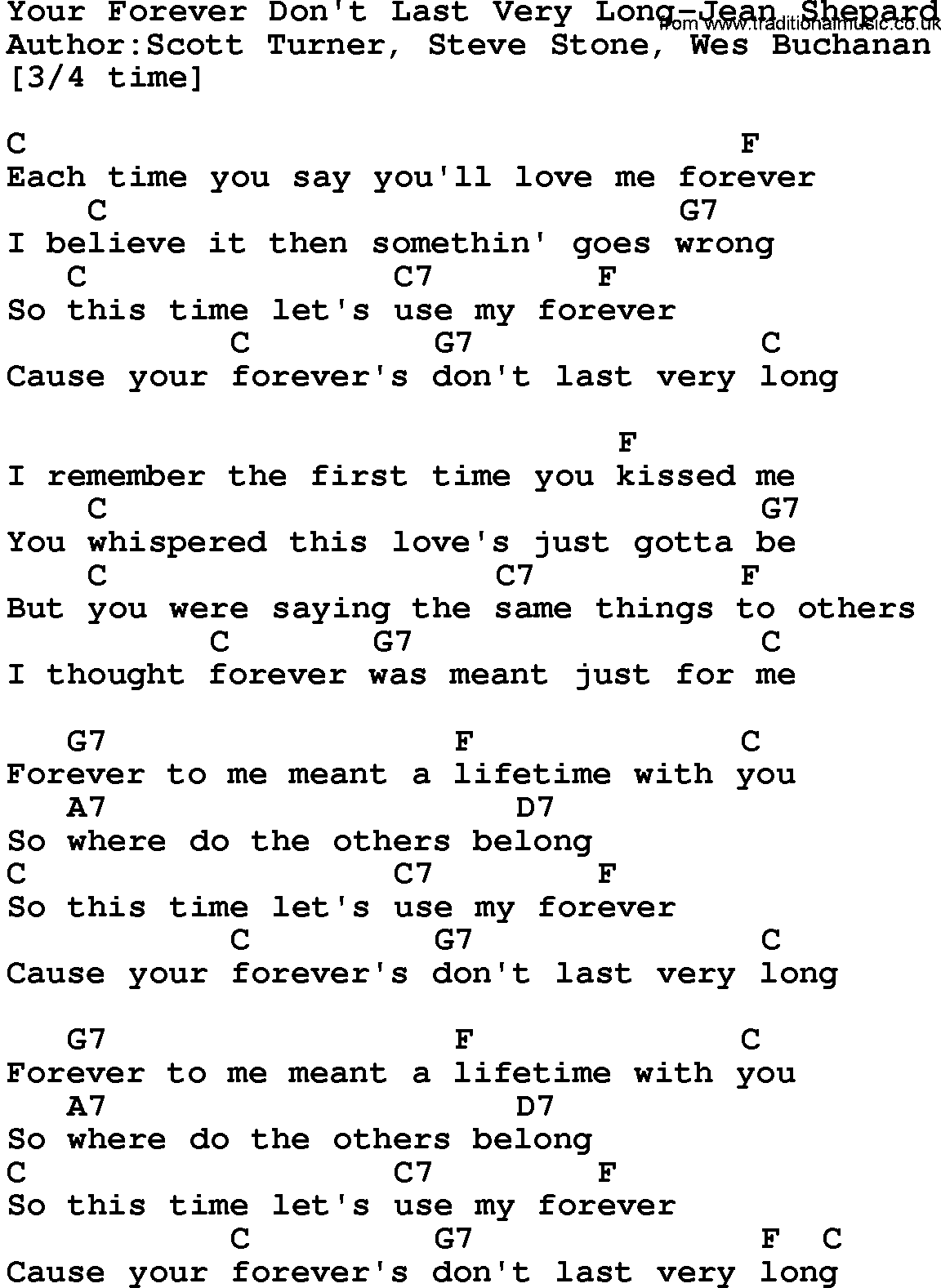 Country music song: Your Forever Don't Last Very Long-Jean Shepard lyrics and chords