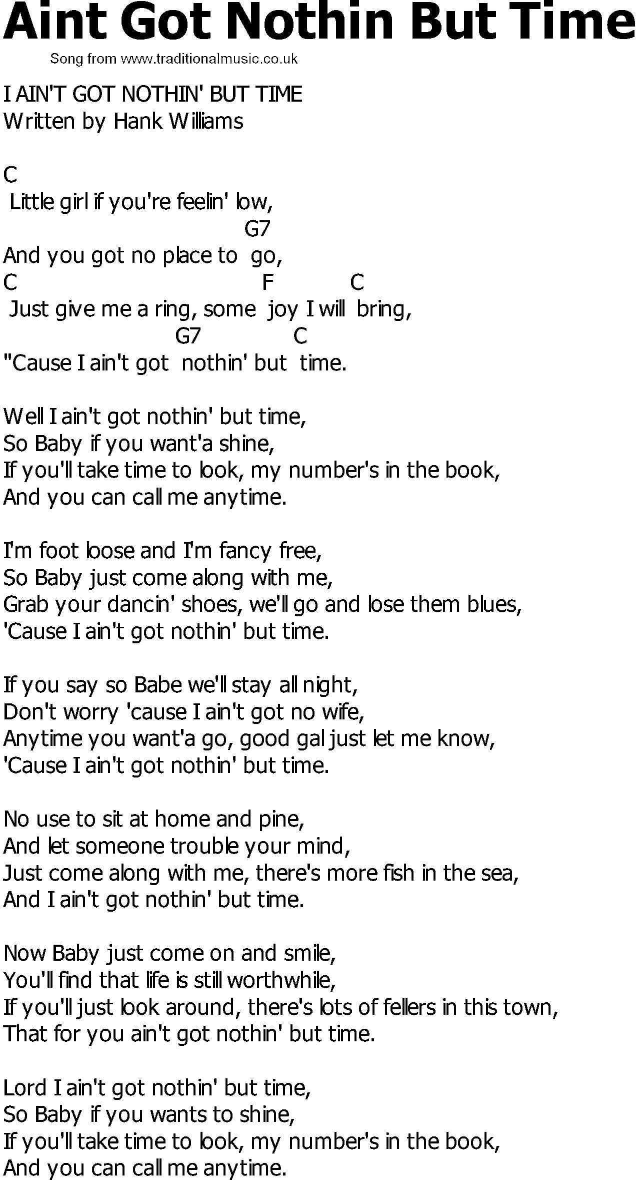 Old Country song lyrics with chords - Aint Got Nothin But Time