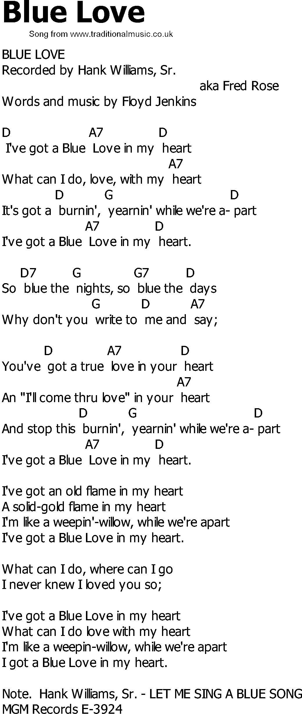 Old Country song lyrics with chords - Blue Love