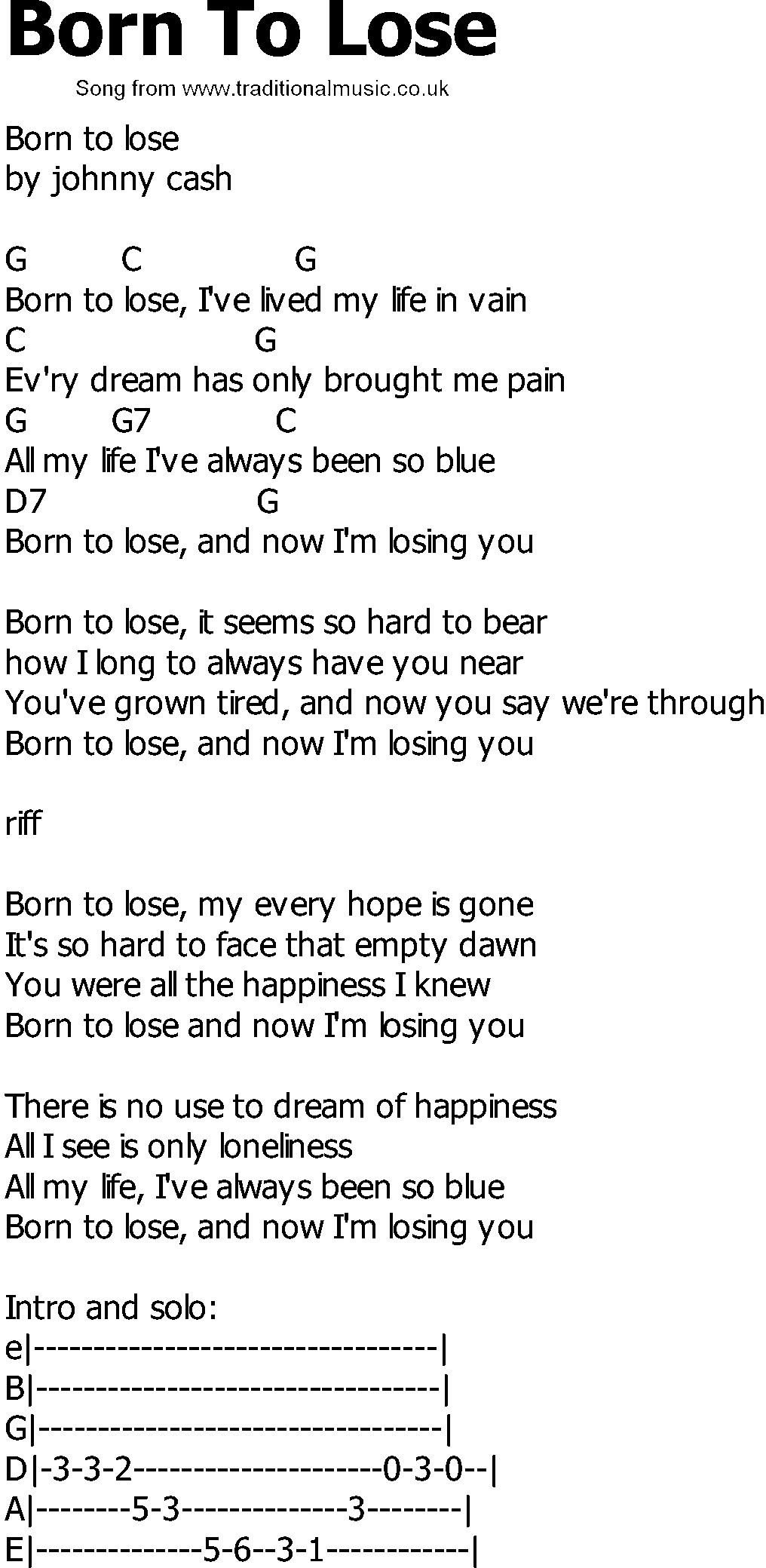 Old Country song lyrics with chords - Born To Lose