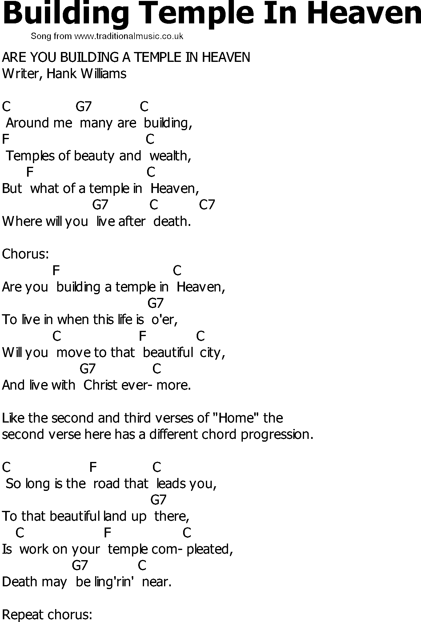 Old Country song lyrics with chords - Building Temple In Heaven