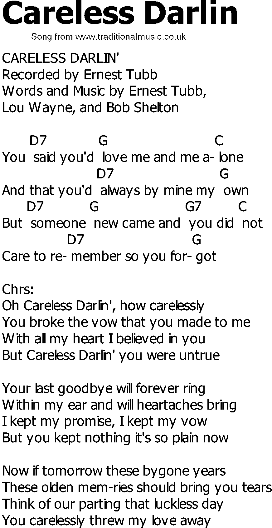 Old Country song lyrics with chords - Careless Darlin