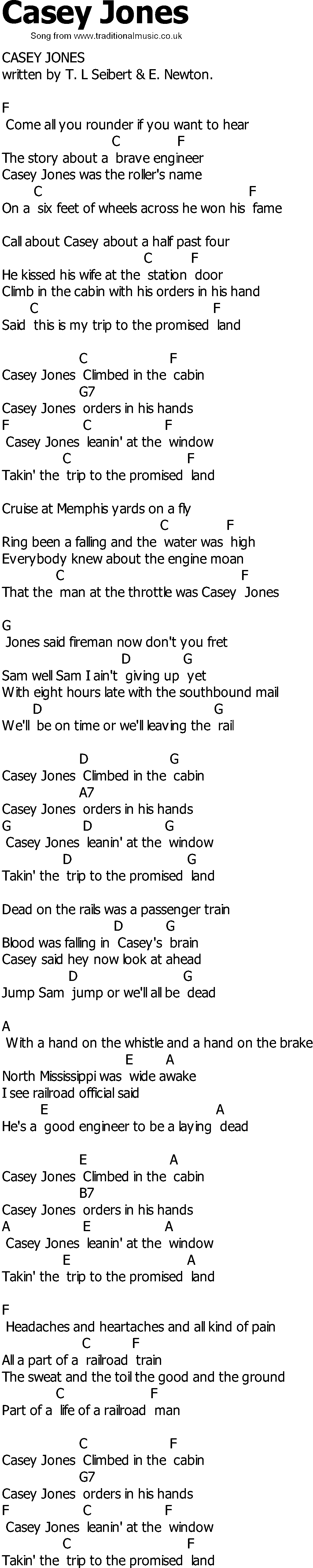 Old Country song lyrics with chords - Casey Jones