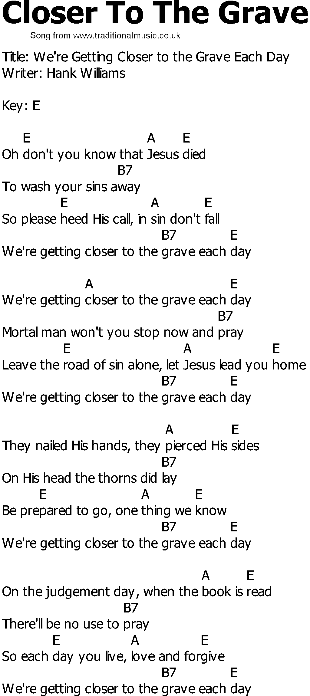 Old Country song lyrics with chords - Closer To The Grave