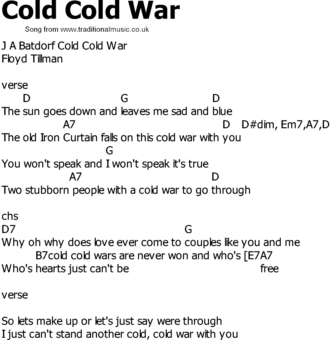 Old Country song lyrics with chords - Cold Cold War