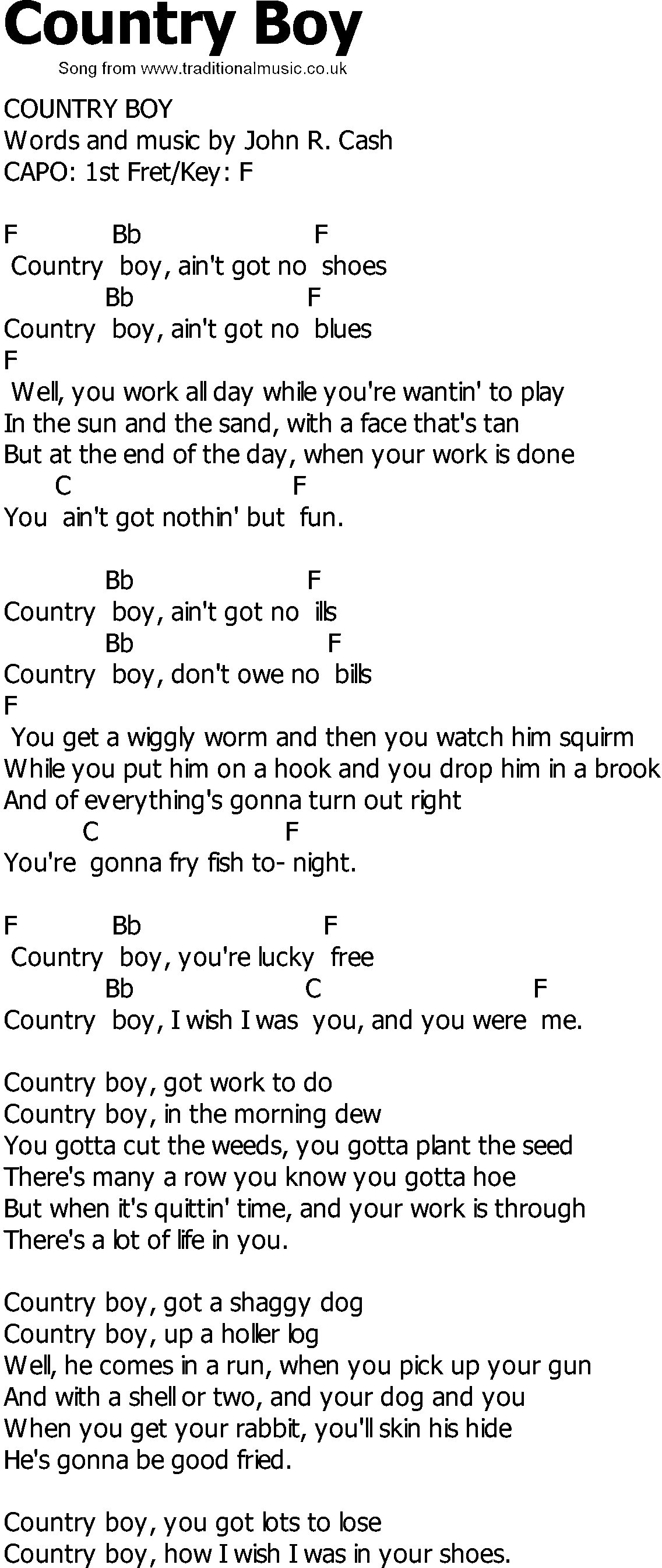 Old Country song lyrics with chords - Country Boy