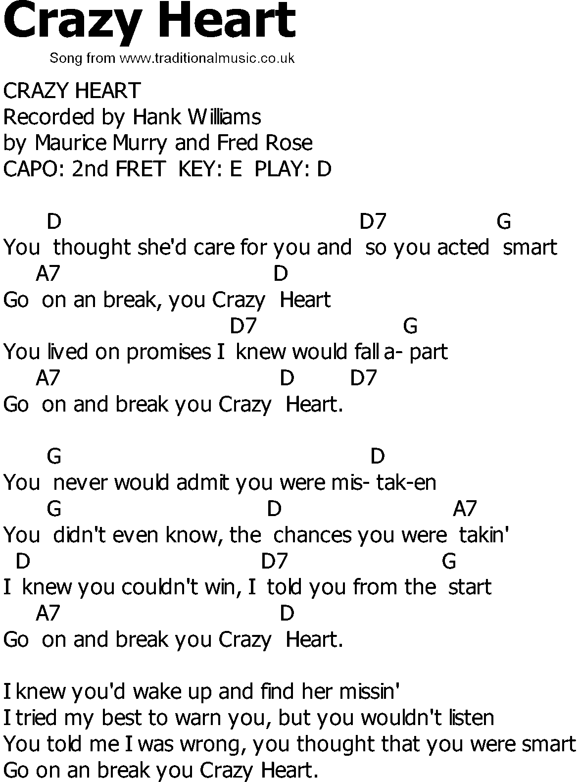 Old Country song lyrics with chords - Crazy Heart