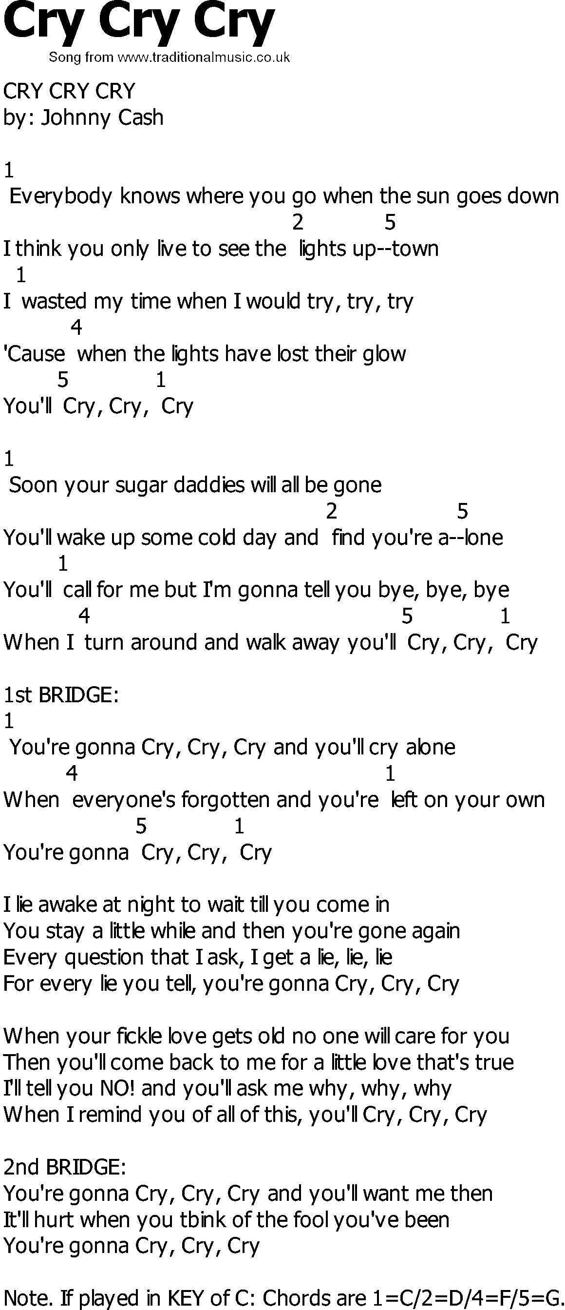 Old Country song lyrics with chords - Cry Cry Cry