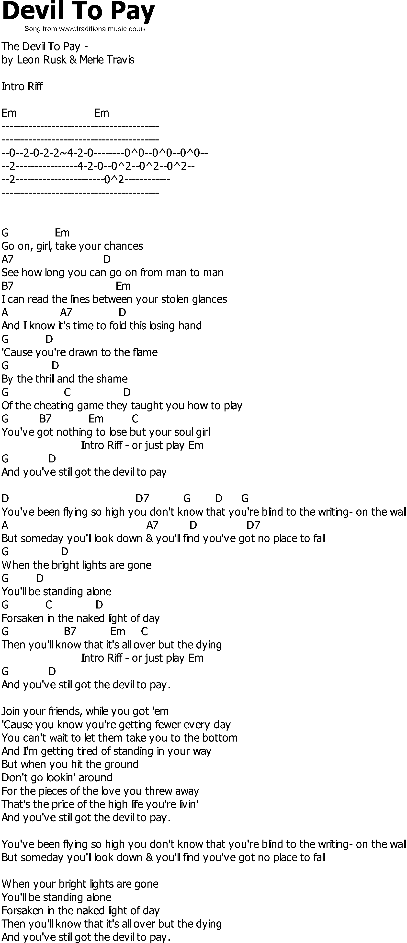 Old Country song lyrics with chords - Devil To Pay