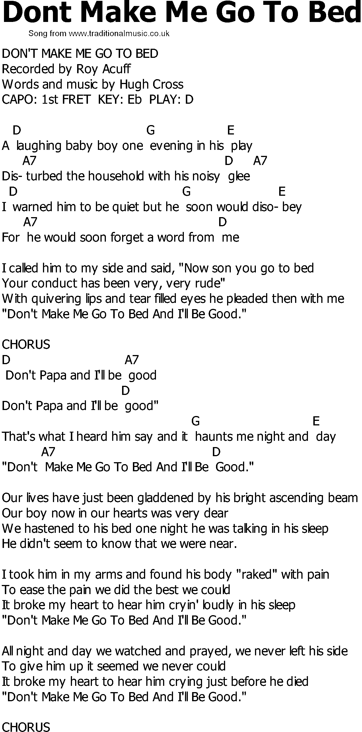 Old Country song lyrics with chords - Dont Make Me Go To Bed