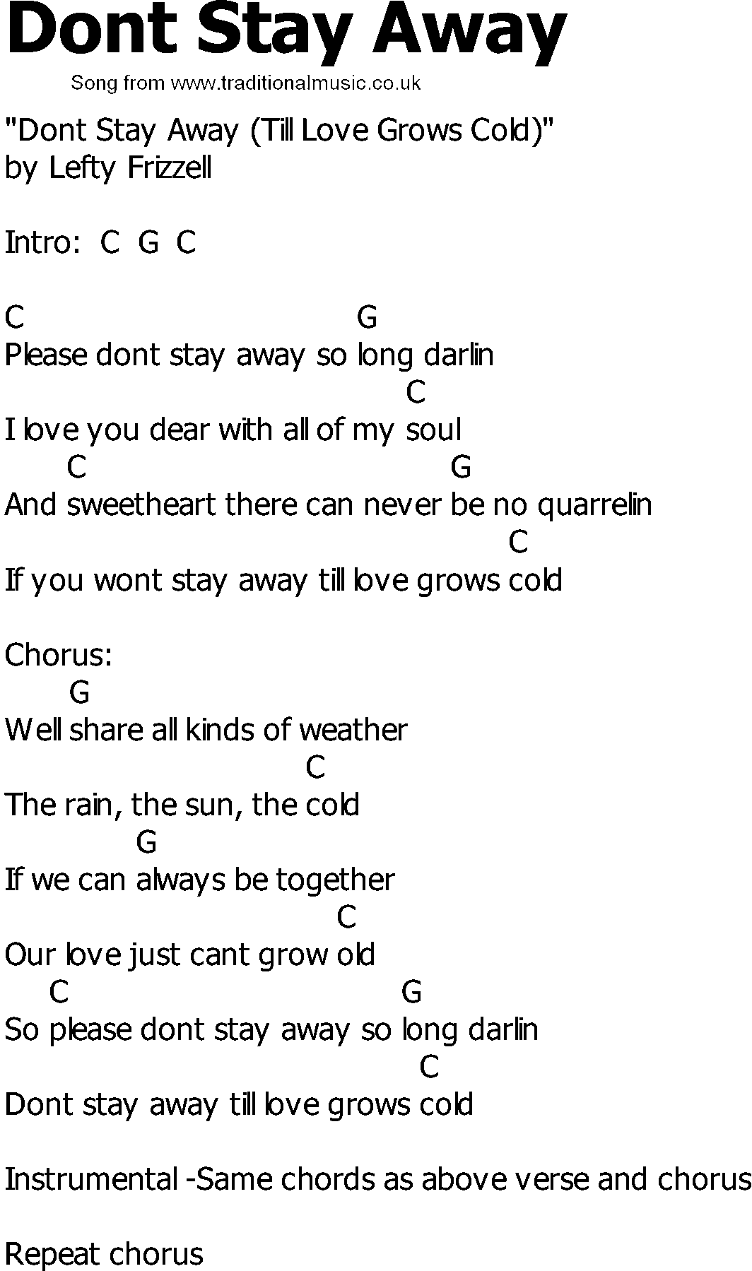 Old Country song lyrics with chords - Dont Stay Away