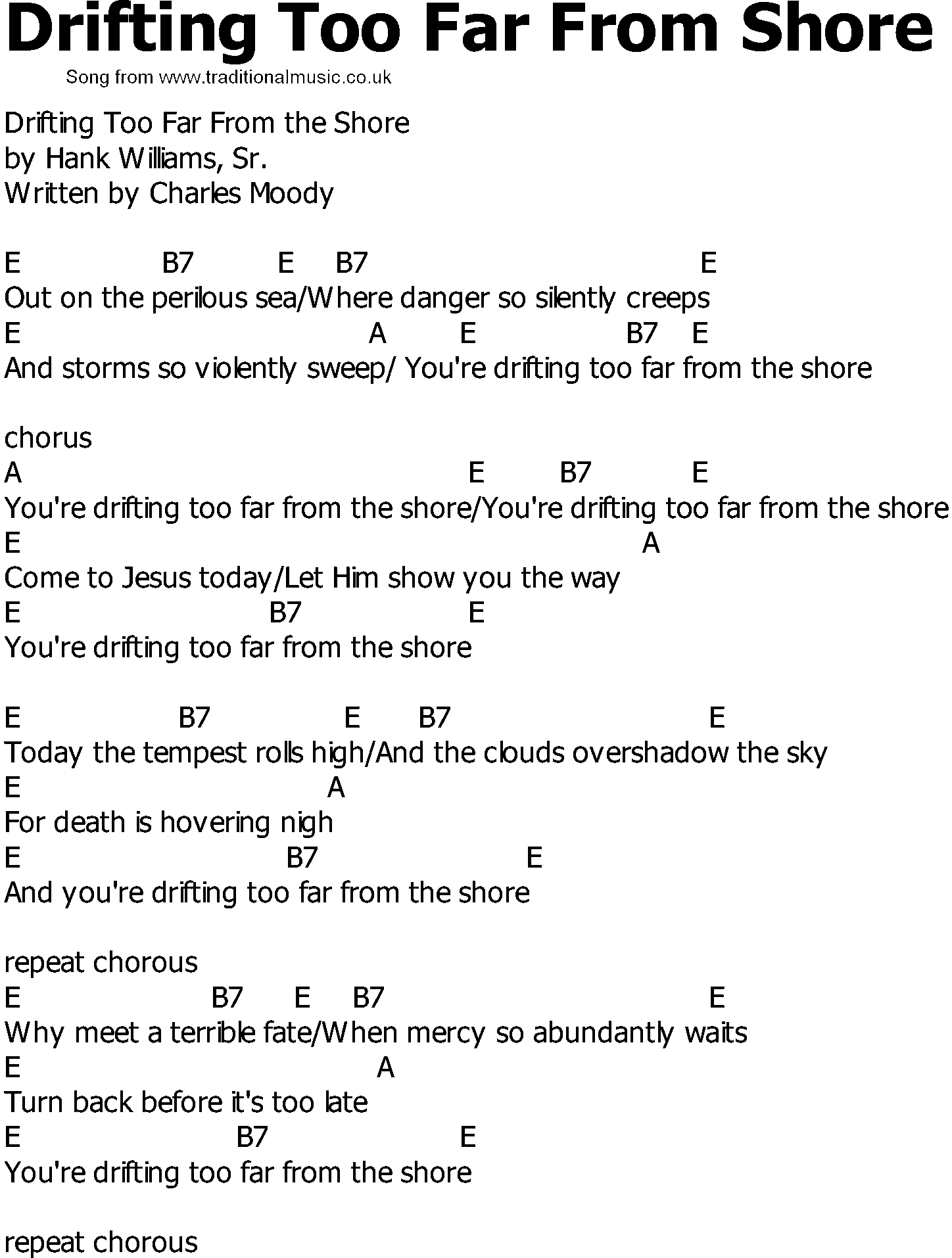 Old Country song lyrics with chords - Drifting Too Far From Shore