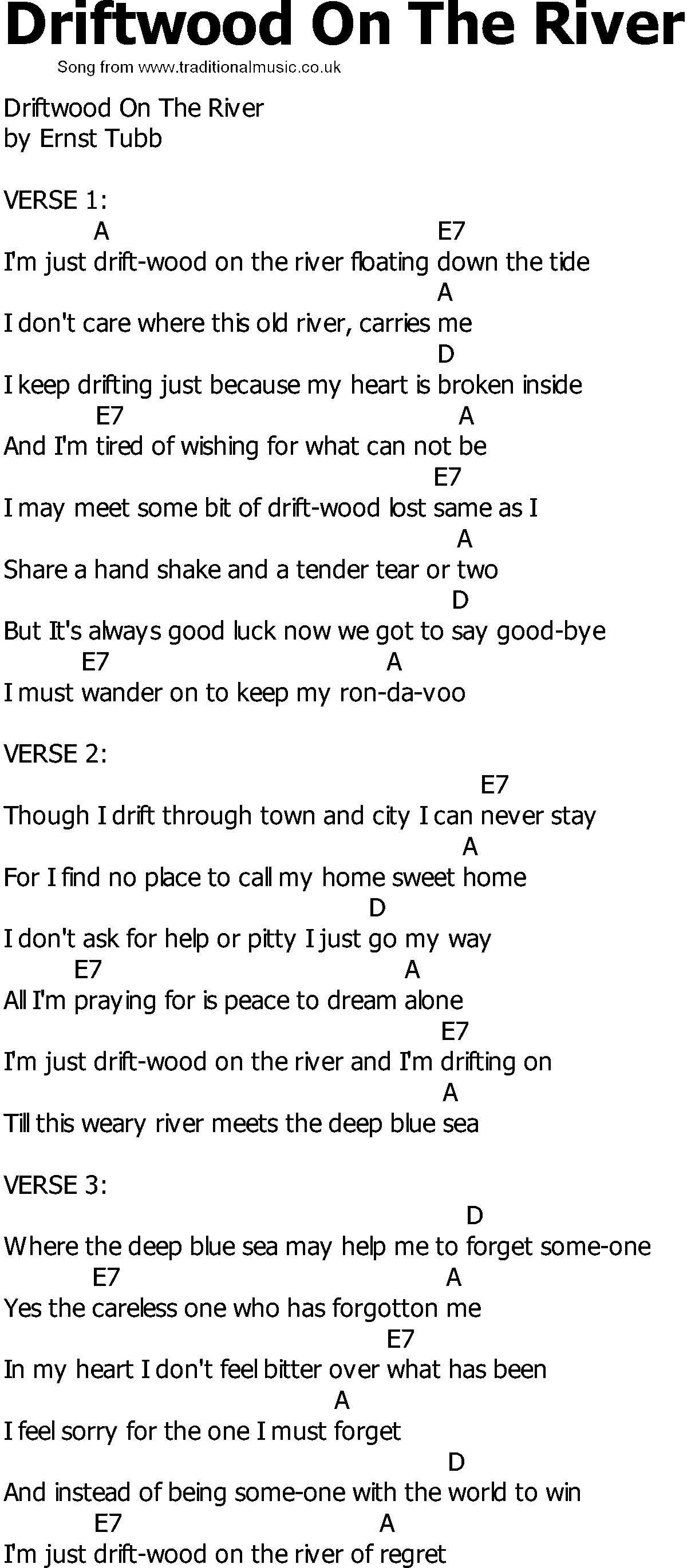 Old Country song lyrics with chords - Driftwood On The River