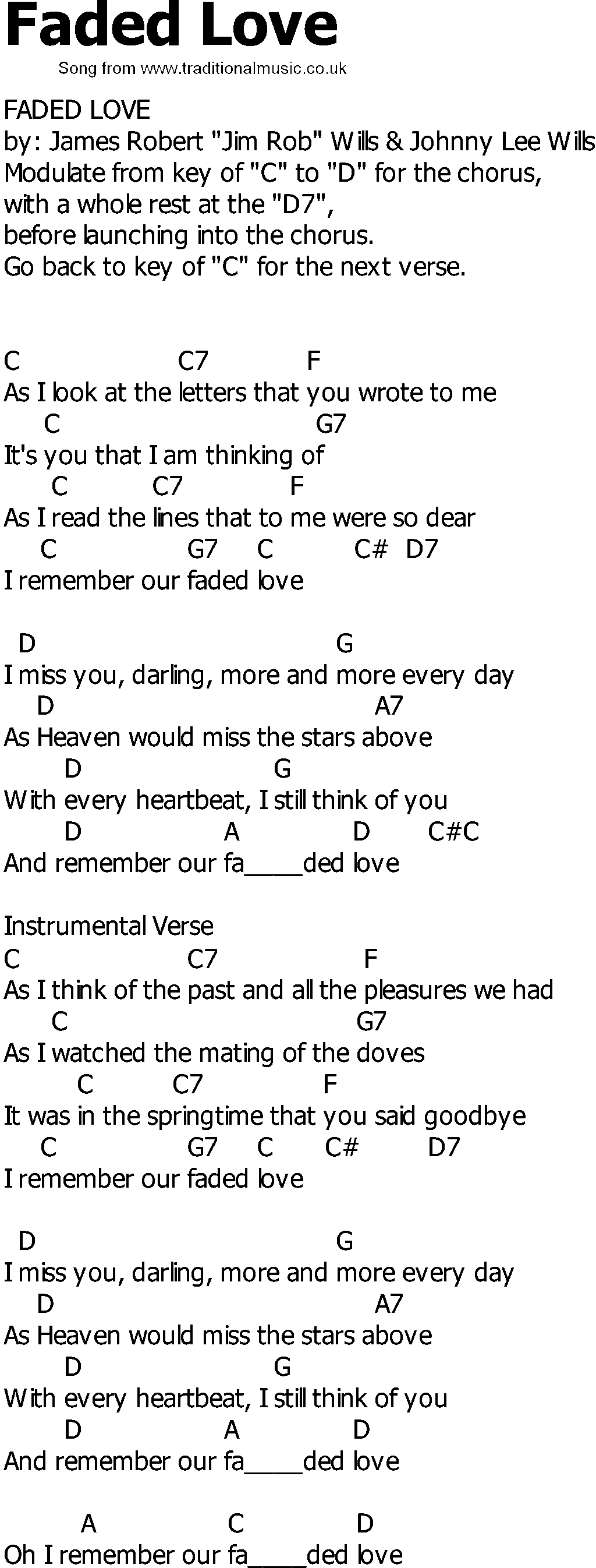 Old Country song lyrics with chords - Faded Love