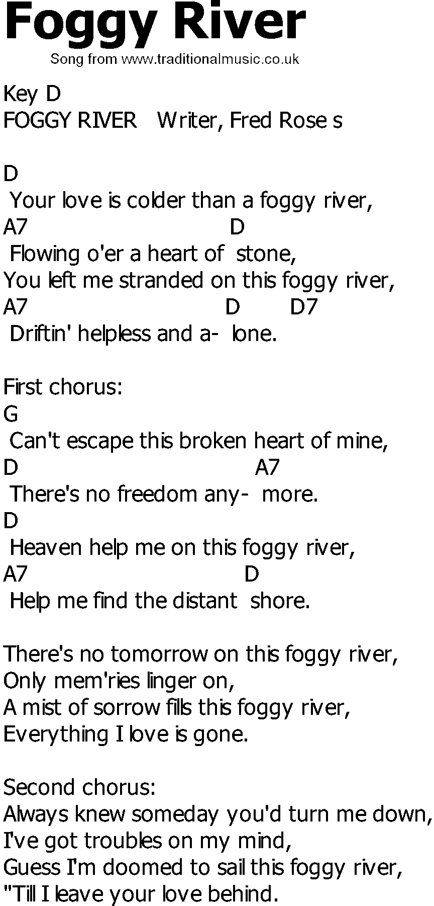 Old Country song lyrics with chords - Foggy River