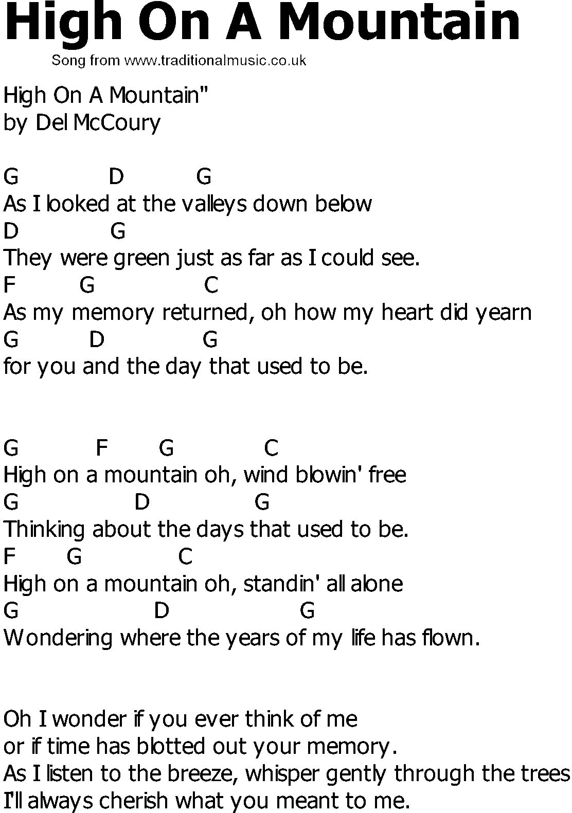 Old Country song lyrics with chords - High On A Mountain