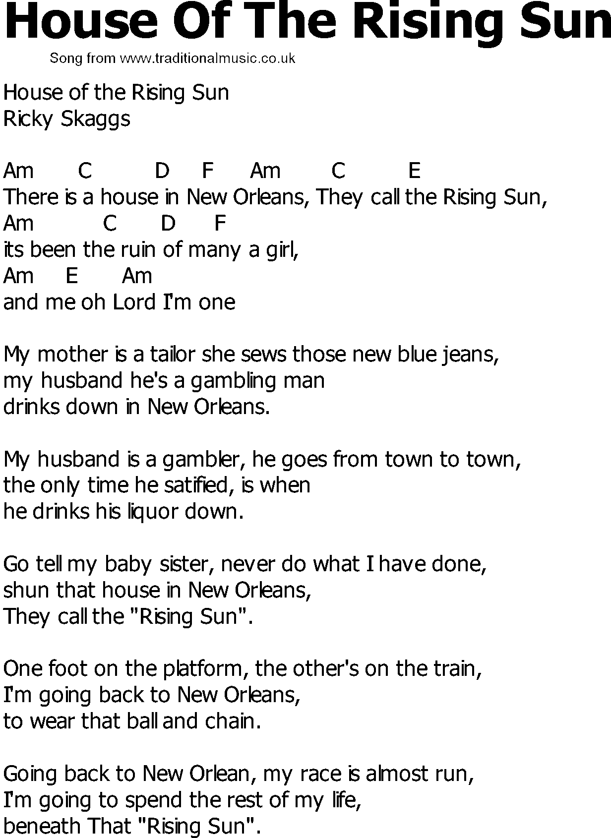 Old Country song lyrics with chords - House Of The Rising Sun