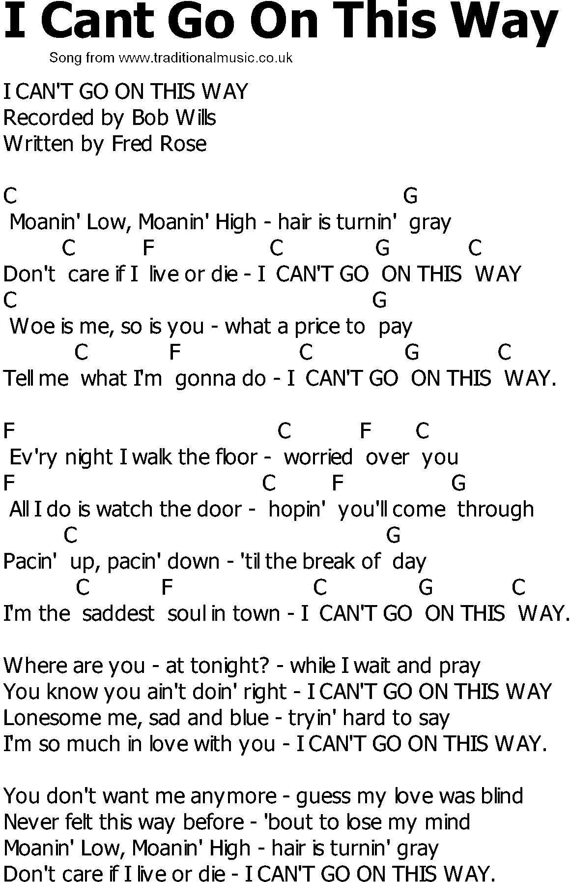 Old Country song lyrics with chords - I Cant Go On This Way