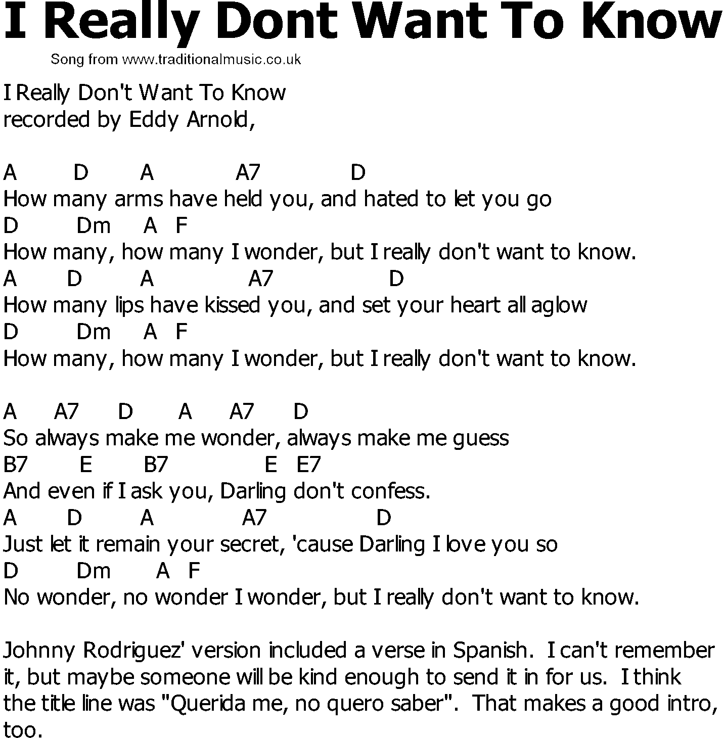 Old Country song lyrics with chords - I Really Dont Want To Know